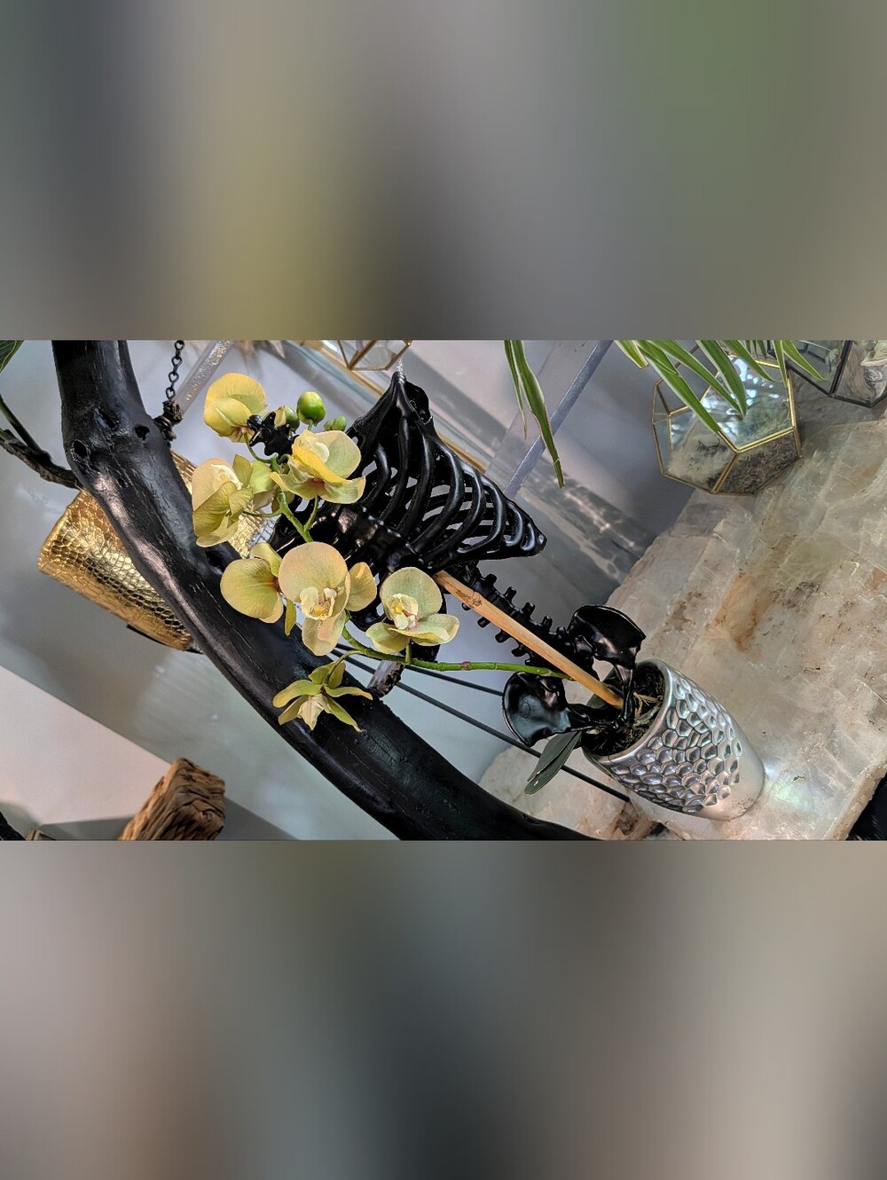 Gothic Artificial Green Orchid in Silver Vase with Skeleton Torso